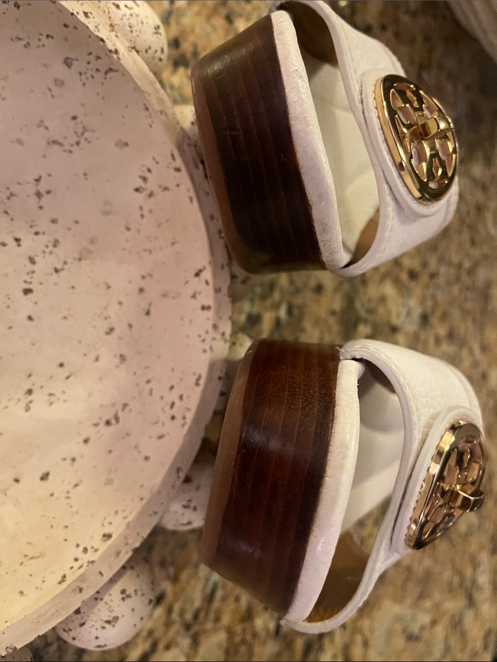 Tory Burch White Leather Slide Mules with Gold Logo Medallions - Picture 6 of 7